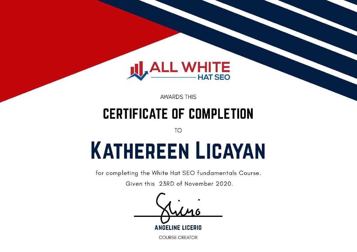 all white hat seo certificate by angeline licerio